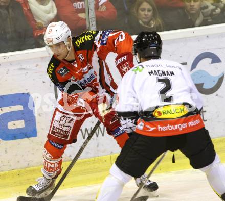 EBEL. Eishockey Bundesliga. KAC gegen Dornbirner Eishockey Club. Marcel Rodman,  (KAC), Olivier Magnan-Grenier (Dornbirn). Klagenfurt, am 14.12.2014.
Foto: Kuess 

---
pressefotos, pressefotografie, kuess, qs, qspictures, sport, bild, bilder, bilddatenbank