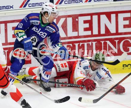 EBEL. Eishockey Bundesliga. EC VSV gegen HCB SUEDTIROL. Brock McBride,  (VSV), Hannes Oberdoerfer (Bozen). Villach, am 14.12.2014.
Foto: Kuess 


---
pressefotos, pressefotografie, kuess, qs, qspictures, sport, bild, bilder, bilddatenbank