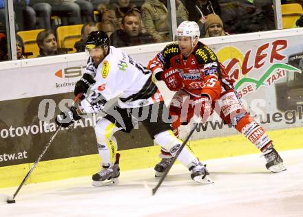 EBEL. Eishockey Bundesliga. KAC gegen Dornbirner Eishockey Club. Kirk Furey,  (KAC), Nikolas Petrik (Dornbirn). Klagenfurt, am 14.12.2014.
Foto: Kuess 

---
pressefotos, pressefotografie, kuess, qs, qspictures, sport, bild, bilder, bilddatenbank