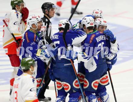 EBEL. Eishockey Bundesliga. EC VSV gegen HCB SUEDTIROL. Torjubel Brock McBride, Nico Brunner, Klemen Pretnar, Mark Santorelli, Marco Pewal (VSV). Villach, am 14.12.2014.
Foto: Kuess 


---
pressefotos, pressefotografie, kuess, qs, qspictures, sport, bild, bilder, bilddatenbank