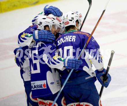 EBEL. Eishockey Bundesliga. EC VSV gegen HCB SUEDTIROL. Torjubel Daniel Nageler, Benjamin Petrik, Stefan Bacher (VSV). Villach, am 14.12.2014.
Foto: Kuess 


---
pressefotos, pressefotografie, kuess, qs, qspictures, sport, bild, bilder, bilddatenbank