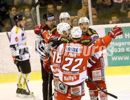 EBEL. Eishockey Bundesliga. KAC gegen Dornbirner Eishockey Club. Torjubel Manuel Geier, Jean-Francois Jacques, Thomas Koch, Thomas Poeck (KAC). Klagenfurt, am 14.12.2014.
Foto: Kuess 

---
pressefotos, pressefotografie, kuess, qs, qspictures, sport, bild, bilder, bilddatenbank