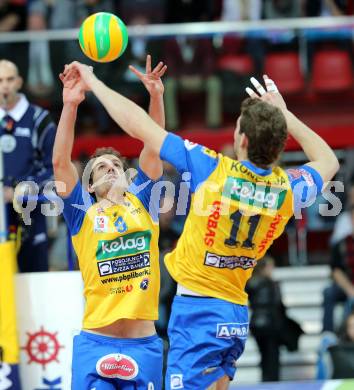 Volleyball Champions League. SK Posojilnica Aich/Dob gegen Zenit Kazan.  Rok Satler, Danijel Koncilja (Aich/Dob). Klagenfurt, am 17.12.2014.
Foto: Kuess
---
pressefotos, pressefotografie, kuess, qs, qspictures, sport, bild, bilder, bilddatenbank