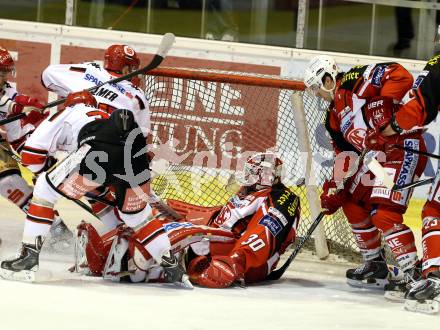 EBEL. Eishockey Bundesliga. KAC gegen HC TWK Innsbruck. Rene Swette,   Jason Desantis, (KAC), Jeff Ulmer, Matt Siddall (Innsbruck). Klagenfurt, am 19.12.2014.
Foto: Kuess 

---
pressefotos, pressefotografie, kuess, qs, qspictures, sport, bild, bilder, bilddatenbank