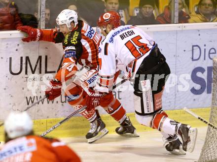 EBEL. Eishockey Bundesliga. KAC gegen HC TWK Innsbruck. Jamie Lundmark,  (KAC), Kris Beech (Innsbruck). Klagenfurt, am 19.12.2014.
Foto: Kuess 

---
pressefotos, pressefotografie, kuess, qs, qspictures, sport, bild, bilder, bilddatenbank