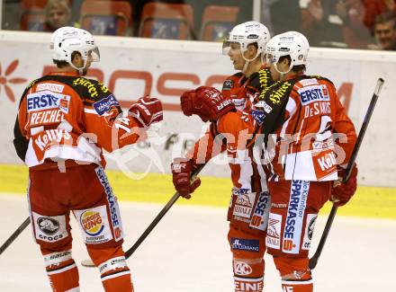 EBEL. Eishockey Bundesliga. KAC gegen HC TWK Innsbruck. Torjubel Jamie Lundmark, Johannes Reichel, Jason Desantis (KAC). Klagenfurt, am 19.12.2014.
Foto: Kuess 

---
pressefotos, pressefotografie, kuess, qs, qspictures, sport, bild, bilder, bilddatenbank