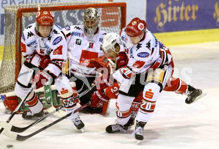 EBEL. Eishockey Bundesliga. KAC gegen HC TWK Innsbruck. Manuel Geier,  (KAC), Johan Bjoerk, Adam Munro, Marcus Olsson (Innsbruck). Klagenfurt, am 19.12.2014.
Foto: Kuess 

---
pressefotos, pressefotografie, kuess, qs, qspictures, sport, bild, bilder, bilddatenbank