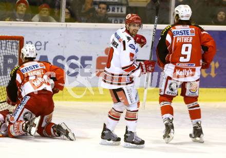 EBEL. Eishockey Bundesliga. KAC gegen HC TWK Innsbruck.  Torjubel Patrick Moessmer  (Innsbruck). Klagenfurt, am 19.12.2014.
Foto: Kuess 

---
pressefotos, pressefotografie, kuess, qs, qspictures, sport, bild, bilder, bilddatenbank