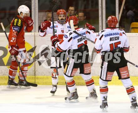 EBEL. Eishockey Bundesliga. KAC gegen HC TWK Innsbruck.  Torjubel Benedikt Schennach  (Innsbruck). Klagenfurt, am 19.12.2014.
Foto: Kuess 

---
pressefotos, pressefotografie, kuess, qs, qspictures, sport, bild, bilder, bilddatenbank