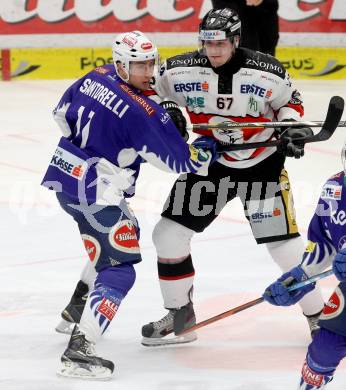 EBEL. Eishockey Bundesliga. EC VSV gegen HC Orli Znojmo. Mark Santorelli,  (VSV), Ondrej Fiala (Znojmo). Villach, am 23.12.2014.
Foto: Kuess 


---
pressefotos, pressefotografie, kuess, qs, qspictures, sport, bild, bilder, bilddatenbank