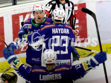 EBEL. Eishockey Bundesliga. EC VSV gegen Moser Medical Graz 99ers.  Torjubel Eric Hunter, Darren Haydar, John Lammers (VSV). Villach, am 28.12.2014.
Foto: Kuess 


---
pressefotos, pressefotografie, kuess, qs, qspictures, sport, bild, bilder, bilddatenbank