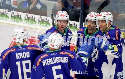 EBEL. Eishockey Bundesliga. EC VSV gegen Moser Medical Graz 99ers.  Torjubel Marco Pewal, Darren Haydar, Cole Jarrett, Jason Krog, Gerhard Unterluggauer,  (VSV). Villach, am 28.12.2014.
Foto: Kuess 


---
pressefotos, pressefotografie, kuess, qs, qspictures, sport, bild, bilder, bilddatenbank