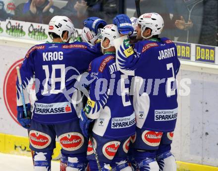 EBEL. Eishockey Bundesliga. EC VSV gegen Moser Medical Graz 99ers.  Torjubel Marco Pewal, Darren Haydar, Cole Jarrett, Jason Krog, Gerhard Unterluggauer,  (VSV). Villach, am 28.12.2014.
Foto: Kuess 


---
pressefotos, pressefotografie, kuess, qs, qspictures, sport, bild, bilder, bilddatenbank