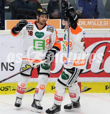 EBEL. Eishockey Bundesliga. EC VSV gegen Moser Medical Graz 99ers.  Torjubel Tomas Petruska, Anders Bastiansen (Graz 99ers). Villach, am 28.12.2014.
Foto: Kuess 


---
pressefotos, pressefotografie, kuess, qs, qspictures, sport, bild, bilder, bilddatenbank