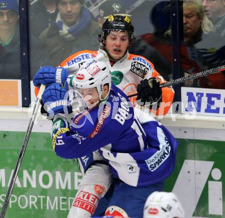 EBEL. Eishockey Bundesliga. EC VSV gegen Moser Medical Graz 99ers.  Stefan Bacher, (VSV), Manuel Ganahl  (Graz 99ers). Villach, am 28.12.2014.
Foto: Kuess 


---
pressefotos, pressefotografie, kuess, qs, qspictures, sport, bild, bilder, bilddatenbank