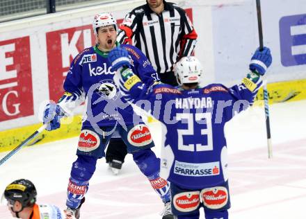 EBEL. Eishockey Bundesliga. EC VSV gegen Moser Medical Graz 99ers.  Torjubel Eric HUnter, Darren Haydar (VSV). Villach, am 28.12.2014.
Foto: Kuess 


---
pressefotos, pressefotografie, kuess, qs, qspictures, sport, bild, bilder, bilddatenbank