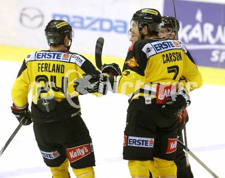 EBEL. Eishockey Bundesliga. KAC gegen UPC Vienna Capitals. Torjubel Jonathan Ferland, Brett Carson (KAC). Klagenfurt, am 30.12.2014.
Foto: Kuess 

---
pressefotos, pressefotografie, kuess, qs, qspictures, sport, bild, bilder, bilddatenbank