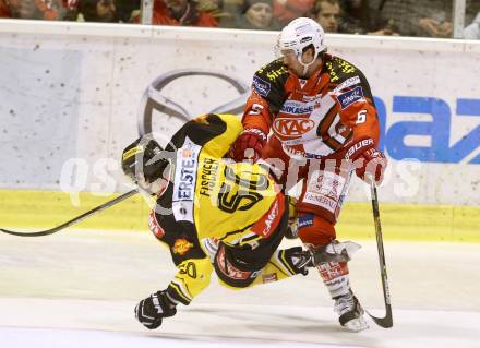 EBEL. Eishockey Bundesliga. KAC gegen UPC Vienna Capitals. Jason Desantis,  (KAC), Mario Fischer (Caps). Klagenfurt, am 30.12.2014.
Foto: Kuess 

---
pressefotos, pressefotografie, kuess, qs, qspictures, sport, bild, bilder, bilddatenbank