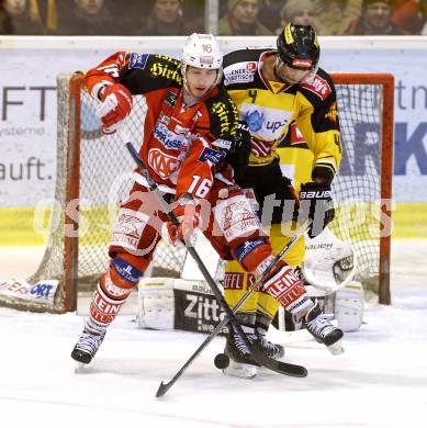 EBEL. Eishockey Bundesliga. KAC gegen UPC Vienna Capitals. Patrick Harand,  (KAC), Philippe Lakos (Caps). Klagenfurt, am 30.12.2014.
Foto: Kuess 

---
pressefotos, pressefotografie, kuess, qs, qspictures, sport, bild, bilder, bilddatenbank