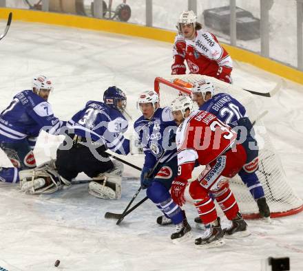 EBEL. Eishockey Bundesliga. Freiluftderby KAC gegen VSV. Jean Francois Jacques, Lukas Pither,  (KAC), Klemen Pretnar, Thomas Hoeneckl, Geoff Waugh, Nico Brunner (VSV). Klagenfurt, Woerthersee Stadion, am 3.1.2015.
Foto: Kuess
---
pressefotos, pressefotografie, kuess, qs, qspictures, sport, bild, bilder, bilddatenbank