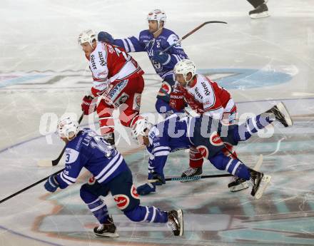 EBEL. Eishockey Bundesliga. Freiluftderby KAC gegen VSV. Manuel Geier, Thomas Koch,  (KAC), John Lammers, Darren Haydar, Jason Krog (VSV). Klagenfurt, Woerthersee Stadion, am 3.1.2015.
Foto: Kuess
---
pressefotos, pressefotografie, kuess, qs, qspictures, sport, bild, bilder, bilddatenbank