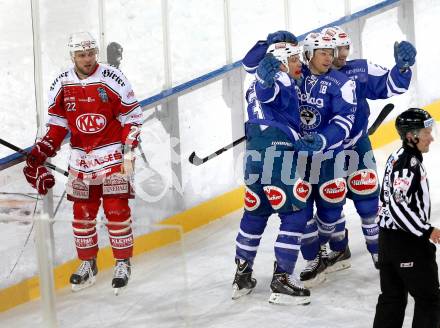 EBEL. Eishockey Bundesliga. Freiluftderby KAC gegen VSV. Torjubel Darren Haydar, Jason Krog, John Lammers (VSV). Klagenfurt, Woerthersee Stadion, am 3.1.2015.
Foto: Kuess
---
pressefotos, pressefotografie, kuess, qs, qspictures, sport, bild, bilder, bilddatenbank