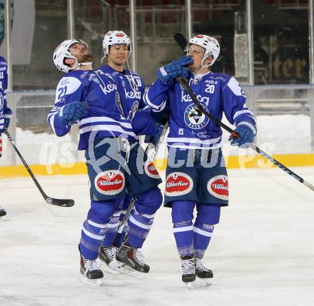 EBEL. Eishockey Bundesliga. Freiluftderby KAC gegen VSV.  Jubel Benjamin Petrik, Jason Krog, Nico Brunner (VSV). Klagenfurt, Woerthersee Stadion, am 3.1.2015.
Foto: Kuess
---
pressefotos, pressefotografie, kuess, qs, qspictures, sport, bild, bilder, bilddatenbank