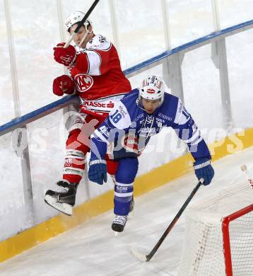 EBEL. Eishockey Bundesliga. Freiluftderby KAC gegen VSV. Kirk Furey, (KAC),  Jason Krog (VSV). Klagenfurt, Woerthersee Stadion, am 3.1.2015.
Foto: Kuess
---
pressefotos, pressefotografie, kuess, qs, qspictures, sport, bild, bilder, bilddatenbank