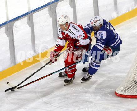 EBEL. Eishockey Bundesliga. Freiluftderby KAC gegen VSV. Patrick Vallant,  (KAC), Daniel Nageler (VSV). Klagenfurt, Woerthersee Stadion, am 3.1.2015.
Foto: Kuess
---
pressefotos, pressefotografie, kuess, qs, qspictures, sport, bild, bilder, bilddatenbank