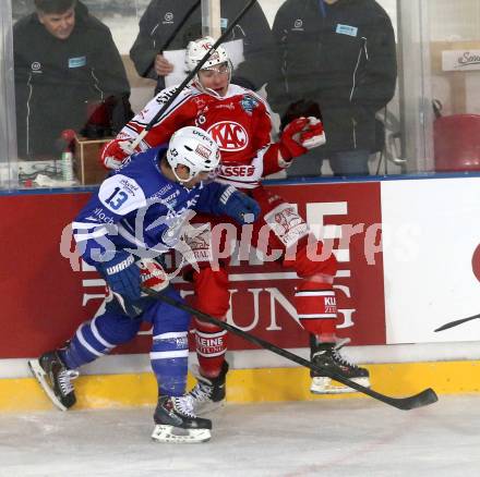 EBEL. Eishockey Bundesliga. Freiluftderby KAC gegen VSV. Patrick Harand,  (KAC), John Lammers (VSV). Klagenfurt, Woerthersee Stadion, am 3.1.2015.
Foto: Kuess
---
pressefotos, pressefotografie, kuess, qs, qspictures, sport, bild, bilder, bilddatenbank