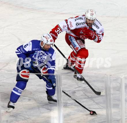 EBEL. Eishockey Bundesliga. Freiluftderby KAC gegen VSV. Jean Francois Jacques,  (KAC), Gerhard Unterluggauer (VSV). Klagenfurt, Woerthersee Stadion, am 3.1.2015.
Foto: Kuess
---
pressefotos, pressefotografie, kuess, qs, qspictures, sport, bild, bilder, bilddatenbank