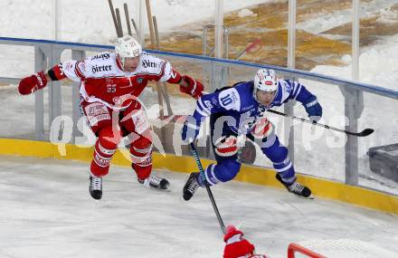 EBEL. Eishockey Bundesliga. Freiluftderby KAC gegen VSV. Mike Siklenka,  (KAC), Brock McBride (VSV). Klagenfurt, Woerthersee Stadion, am 3.1.2015.
Foto: Kuess
---
pressefotos, pressefotografie, kuess, qs, qspictures, sport, bild, bilder, bilddatenbank