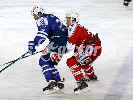 EBEL. Eishockey Bundesliga. Freiluftderby KAC gegen VSV. Kirk Furey, (KAC), Benjamin Petrik  (VSV). Klagenfurt, Woerthersee Stadion, am 3.1.2015.
Foto: Kuess
---
pressefotos, pressefotografie, kuess, qs, qspictures, sport, bild, bilder, bilddatenbank