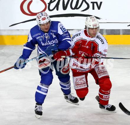 EBEL. Eishockey Bundesliga. Freiluftderby KAC gegen VSV. Thomas Hundertpfund,  (KAC), Daniel Nageler (VSV). Klagenfurt, Woerthersee Stadion, am 3.1.2015.
Foto: Kuess
---
pressefotos, pressefotografie, kuess, qs, qspictures, sport, bild, bilder, bilddatenbank