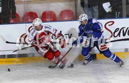 EBEL. Eishockey Bundesliga. Freiluftderby KAC gegen VSV. Kirk Furey,  (KAC), Klemen Pretnar (VSV). Klagenfurt, Woerthersee Stadion, am 3.1.2015.
Foto: Kuess
---
pressefotos, pressefotografie, kuess, qs, qspictures, sport, bild, bilder, bilddatenbank