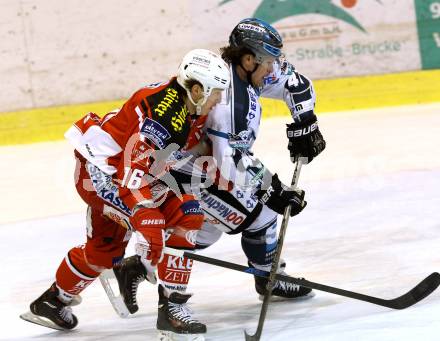 EBEL. Eishockey Bundesliga. KAC gegen EHC LIWEST Linz. Patrick Harand,  (KAC), Curtis Murphy (Linz). Klagenfurt, am 6.1.2015.
Foto: Kuess 

---
pressefotos, pressefotografie, kuess, qs, qspictures, sport, bild, bilder, bilddatenbank