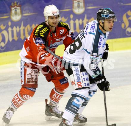 EBEL. Eishockey Bundesliga. KAC gegen EHC LIWEST Linz. Marcel Rodman,  (KAC), Mike Ouellette (Linz). Klagenfurt, am 6.1.2015.
Foto: Kuess 

---
pressefotos, pressefotografie, kuess, qs, qspictures, sport, bild, bilder, bilddatenbank