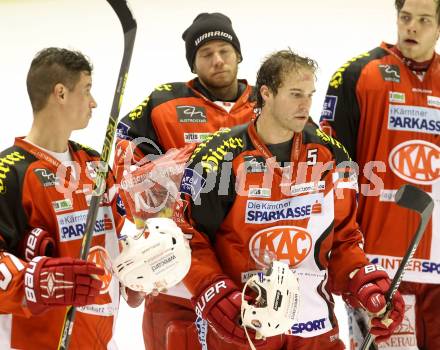 EBEL. Eishockey Bundesliga. KAC gegen EHC LIWEST Linz. Oliver Setzinger, Jason DeSantis, Rene Swette, Thomas Hundertpfund (KAC). Klagenfurt, am 6.1.2015.
Foto: Kuess 

---
pressefotos, pressefotografie, kuess, qs, qspictures, sport, bild, bilder, bilddatenbank