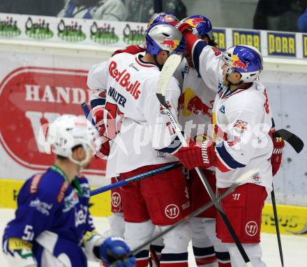 EBEL. Eishockey Bundesliga. EC VSV gegen EC Red Bull Salzburg. Torjubel Ben Walter, Daniel Welser, Ryan Duncan, Troy Milam (Salzburg). Villach, am 9.1.2015.
Foto: Kuess 


---
pressefotos, pressefotografie, kuess, qs, qspictures, sport, bild, bilder, bilddatenbank