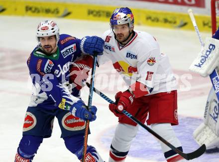 EBEL. Eishockey Bundesliga. EC VSV gegen EC Red Bull Salzburg. Klemen Pretnar, (VSV),  Manuel Latusa (Salzburg). Villach, am 9.1.2015.
Foto: Kuess 


---
pressefotos, pressefotografie, kuess, qs, qspictures, sport, bild, bilder, bilddatenbank