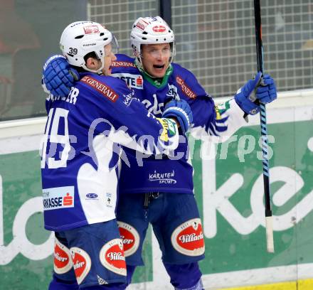 EBEL. Eishockey Bundesliga. EC VSV gegen EC Red Bull Salzburg.  Torjubel Nico Brunner, Patrick Platzer (VSV). Villach, am 9.1.2015.
Foto: Kuess 


---
pressefotos, pressefotografie, kuess, qs, qspictures, sport, bild, bilder, bilddatenbank