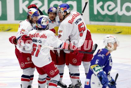 EBEL. Eishockey Bundesliga. EC VSV gegen EC Red Bull Salzburg.  Torjubel Ryan Duncan, Brett Sterling, Matthias Trattnig, Dominique Heinrich, John Hughes (Salzburg). Villach, am 9.1.2015.
Foto: Kuess 


---
pressefotos, pressefotografie, kuess, qs, qspictures, sport, bild, bilder, bilddatenbank