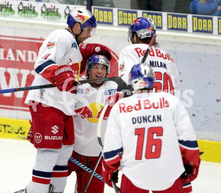 EBEL. Eishockey Bundesliga. EC VSV gegen EC Red Bull Salzburg. Torjubel Ben Walter, Daniel Welser, Ryan Duncan, Troy Milam (Salzburg). Villach, am 9.1.2015.
Foto: Kuess 


---
pressefotos, pressefotografie, kuess, qs, qspictures, sport, bild, bilder, bilddatenbank