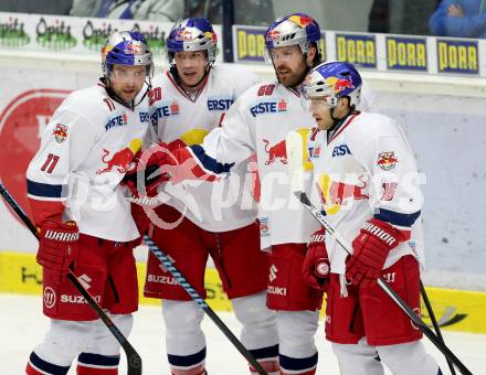 EBEL. Eishockey Bundesliga. EC VSV gegen EC Red Bull Salzburg. Torjubel Ben Walter, Daniel Welser, Ryan Duncan, Troy Milam (Salzburg). Villach, am 9.1.2015.
Foto: Kuess 


---
pressefotos, pressefotografie, kuess, qs, qspictures, sport, bild, bilder, bilddatenbank