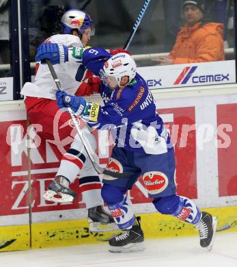 EBEL. Eishockey Bundesliga. EC VSV gegen EC Red Bull Salzburg. Gerhard Unterluggauer,  (VSV), Alexander Rauchenwald (Salzburg). Villach, am 9.1.2015.
Foto: Kuess 


---
pressefotos, pressefotografie, kuess, qs, qspictures, sport, bild, bilder, bilddatenbank