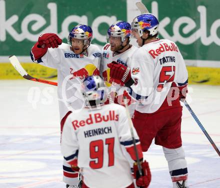 EBEL. Eishockey Bundesliga. EC VSV gegen EC Red Bull Salzburg. Torjubel Ryan Duncan, Brett Sterling, Matthias Trattnig, Dominique Heinrich (Salzburg). Villach, am 9.1.2015.
Foto: Kuess 


---
pressefotos, pressefotografie, kuess, qs, qspictures, sport, bild, bilder, bilddatenbank