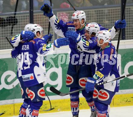 EBEL. Eishockey Bundesliga. EC VSV gegen EC Red Bull Salzburg.  Torjubel Nico Brunner, Patrick Platzer, Adis Alagic, Marius Goehringer, Gerhard Unterluggauer (VSV). Villach, am 9.1.2015.
Foto: Kuess 


---
pressefotos, pressefotografie, kuess, qs, qspictures, sport, bild, bilder, bilddatenbank