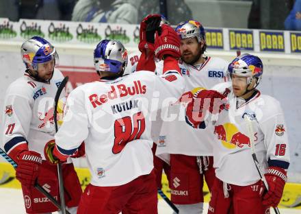 EBEL. Eishockey Bundesliga. EC VSV gegen EC Red Bull Salzburg.  Torjubel Ben Walter, Daniel Welser, Ryan Duncan, Troy Milam, Zdenek Kutlak (Salzburg). Villach, am 9.1.2015.
Foto: Kuess 


---
pressefotos, pressefotografie, kuess, qs, qspictures, sport, bild, bilder, bilddatenbank