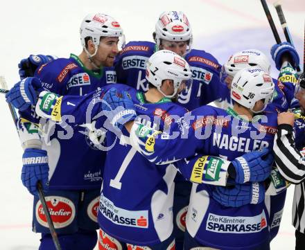 EBEL. Eishockey Bundesliga. EC VSV gegen EC Red Bull Salzburg. Torjubel Eric HUnter, Daniel Nageler, Mario Altmann, Klemen Pretnar,  (VSV). Villach, am 9.1.2015.
Foto: Kuess 


---
pressefotos, pressefotografie, kuess, qs, qspictures, sport, bild, bilder, bilddatenbank