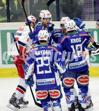 EBEL. Eishockey Bundesliga. EC VSV gegen EC Red Bull Salzburg. Torjubel John Lammers, Darren Haydar, Jason Krog, Mario Altmann (VSV). Villach, am 9.1.2015.
Foto: Kuess 


---
pressefotos, pressefotografie, kuess, qs, qspictures, sport, bild, bilder, bilddatenbank